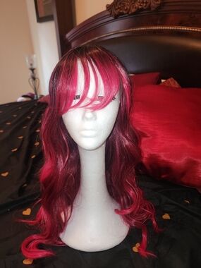Vivid Pink Long Wavy Women's Wig with Bangs